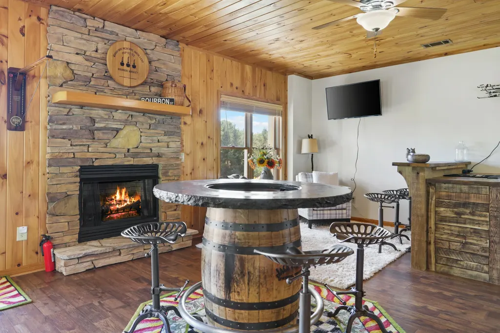 Recreation room with fireplace