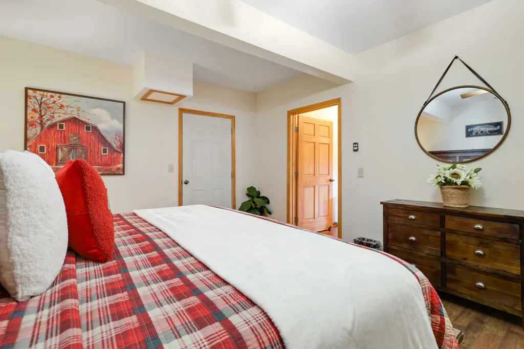 Red plaid bedroom dresser view
